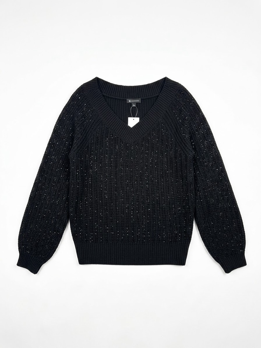 INC International Concepts Black V-Neck Sparkle Pullover Sweater